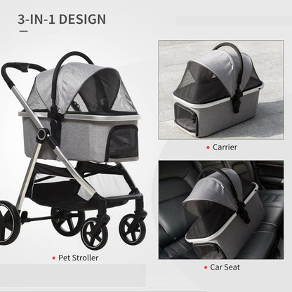 PawHut One-Click Foldable Pet Stroller w/ Storage Basket, for Small Pets - Grey