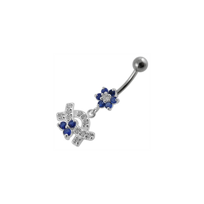 Jeweled Curve With Flower Silver Dangling Banana Bar Navel Belly Ring