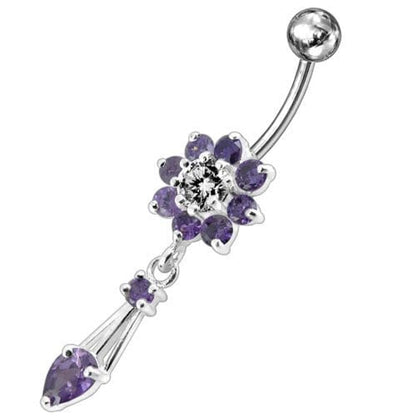 Jeweled Fancy Flower Dangling SS Banana Bar Navel Ring