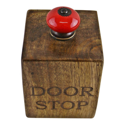 Mango Wood Doorstop with Red Ceramic Knob