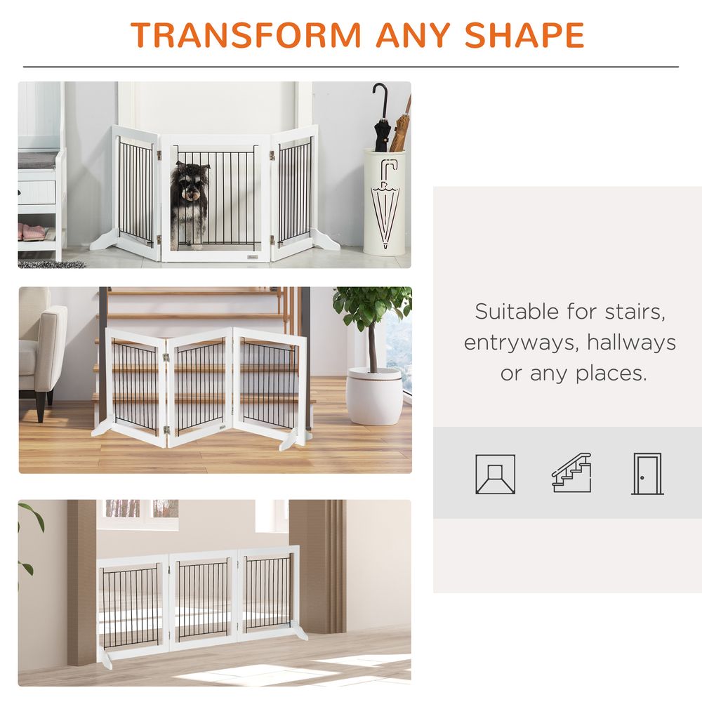 PawHut Foldable Wooden Pet Gate w/ 3 Panels 2 Support Feet for Small Dogs White