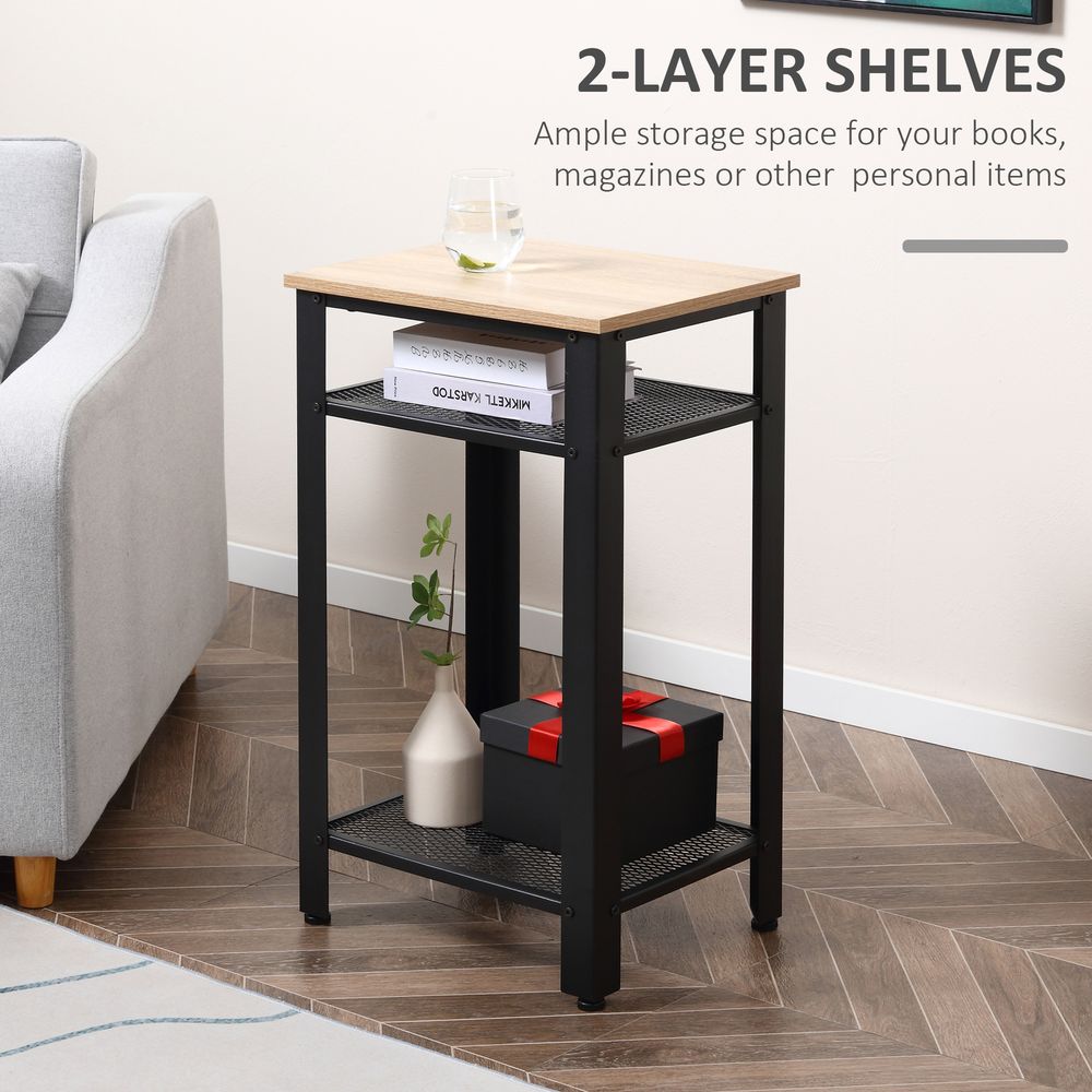 HOMCOM Tall Side Table with 3 Layer 2 Shelves Storage Display Industrial-Style Metal Frame Bedside End Table Nightstand for Living Room Bedroom Lounge