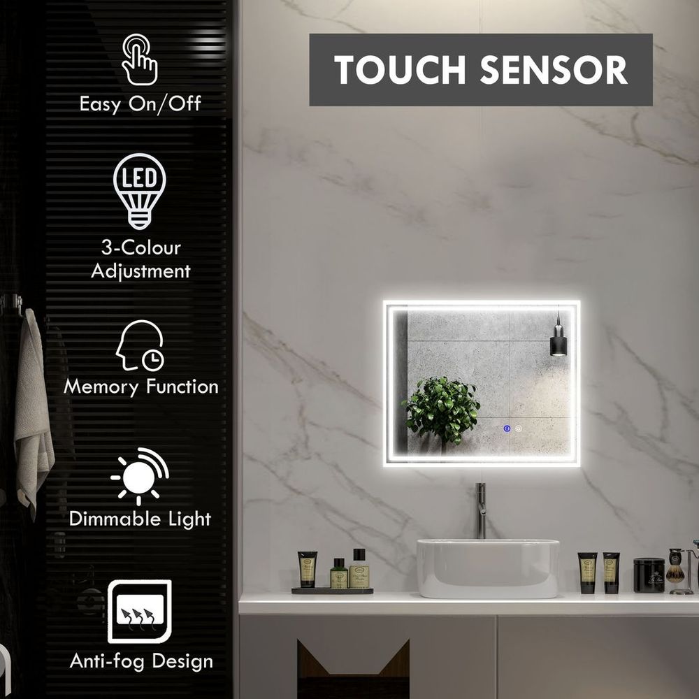 kleankin Dimmable Bathroom Mirror with LED Lights, 3 Colours, Defogging Film