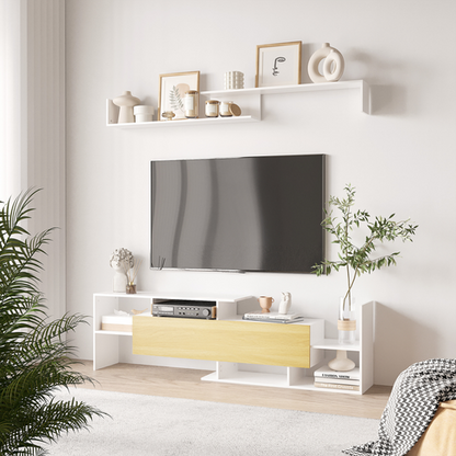 HOMCOM TV Cabinet Unit w/ Wall-Mounted Shelf, Open Shelves White and Natural
