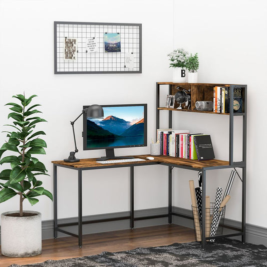 Industrial L-Shaped Desk w Shelf - Brown & Black - Best Quality