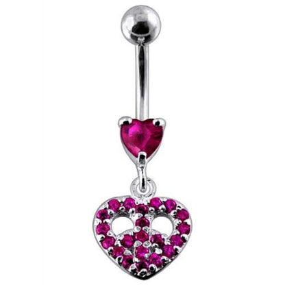Jeweled Fancy Heart Shape Silver Dangling SS Bar Curved Belly Ring