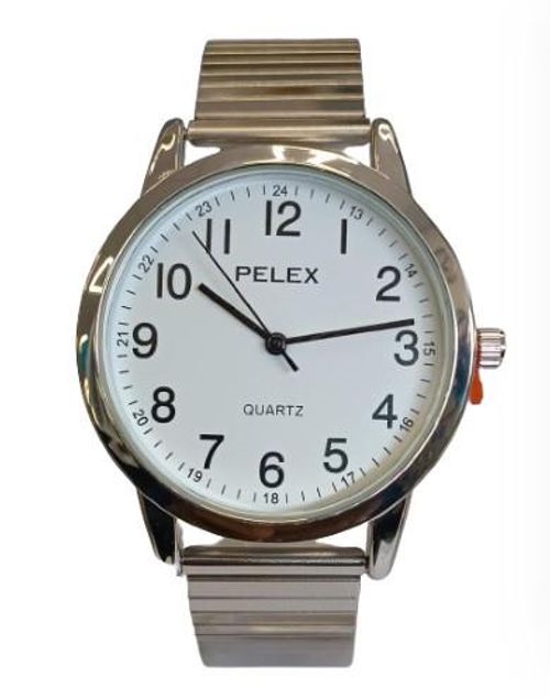 Pelex Mens Big number Silver Case White Dial Silver Bracelet Strap Quartz Watch