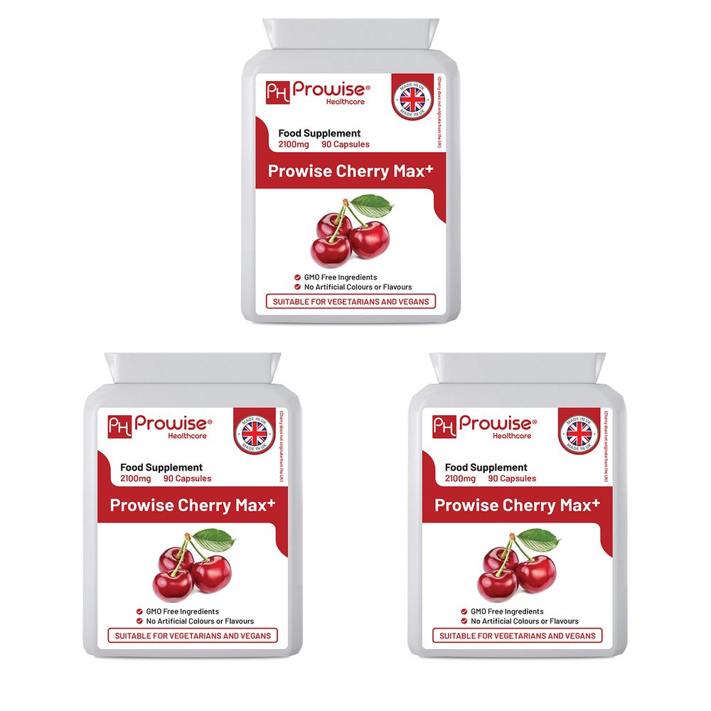 Cherry Max+ (Pack of 3) 2100mg Montmorency Cherry Added with Black Cherry I 90 Vegan Capsules High Strength I Made in The UK by Prowise Healthcare