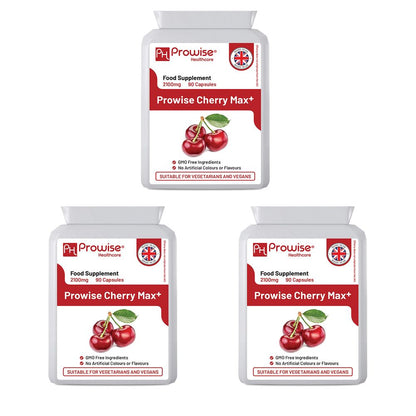 Cherry Max+ (Pack of 3) 2100mg Montmorency Cherry Added with Black Cherry I 90 Vegan Capsules High Strength I Made in The UK by Prowise Healthcare