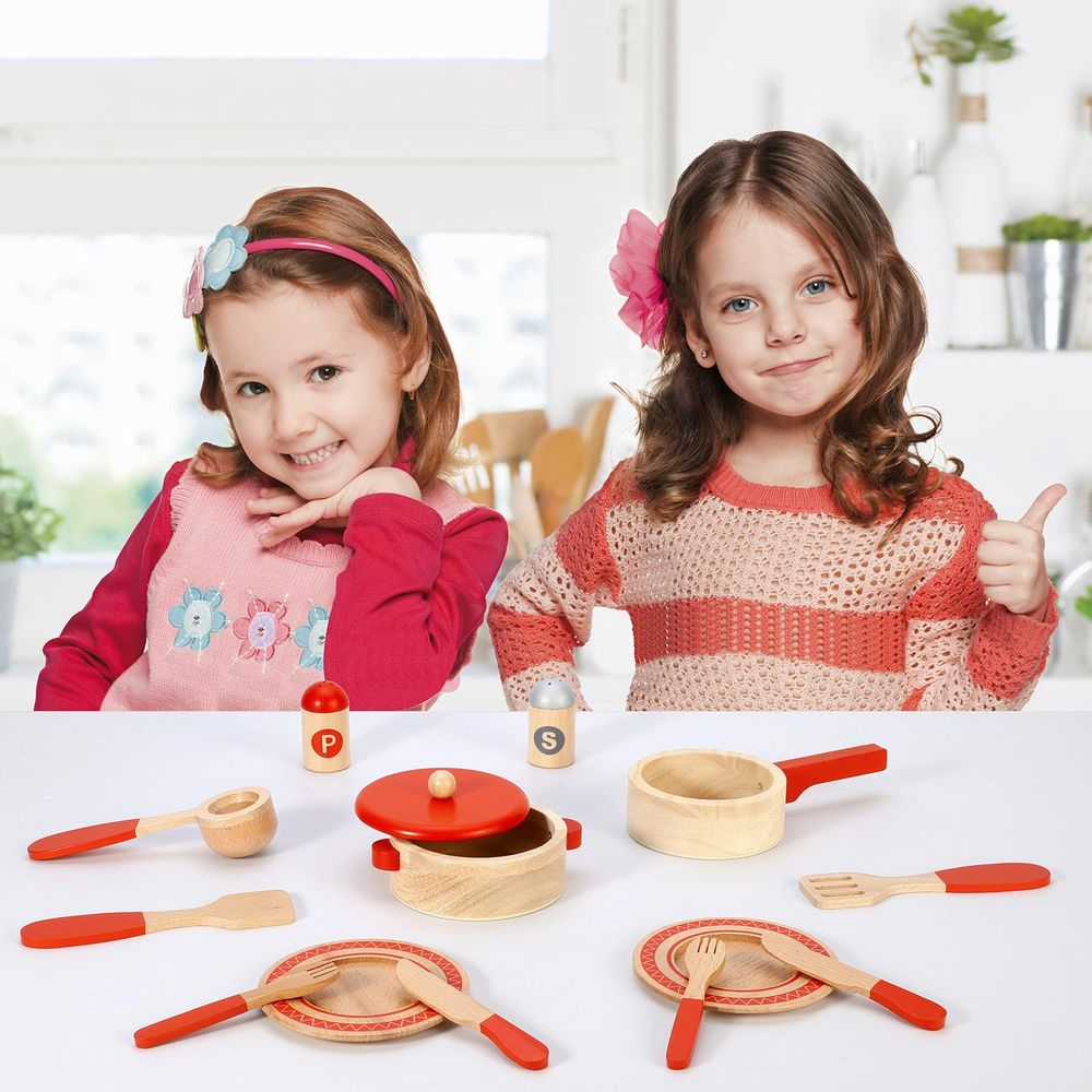 Child's Wooden Cooking Set - Master Chef Quality - Includes Saucepan, Frying Pan, Utensils - Enhance Imagination & Skills