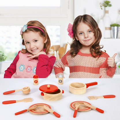 Child's Wooden Cooking Set - Master Chef Quality - Includes Saucepan, Frying Pan, Utensils - Enhance Imagination & Skills