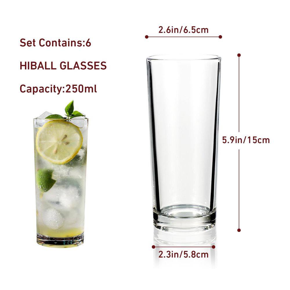 Set of 6 Traditional Highball Glasses - 250ml (8.8oz) for Drinks Mixer Juice Beers Cold Drinks Hiball Glass