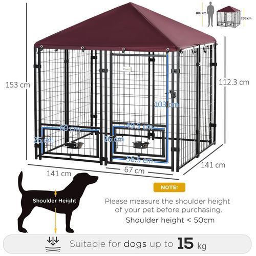 PawHut Dog Kennel with Rotating Bowl Holders, Cover, Outdoor Dog Run