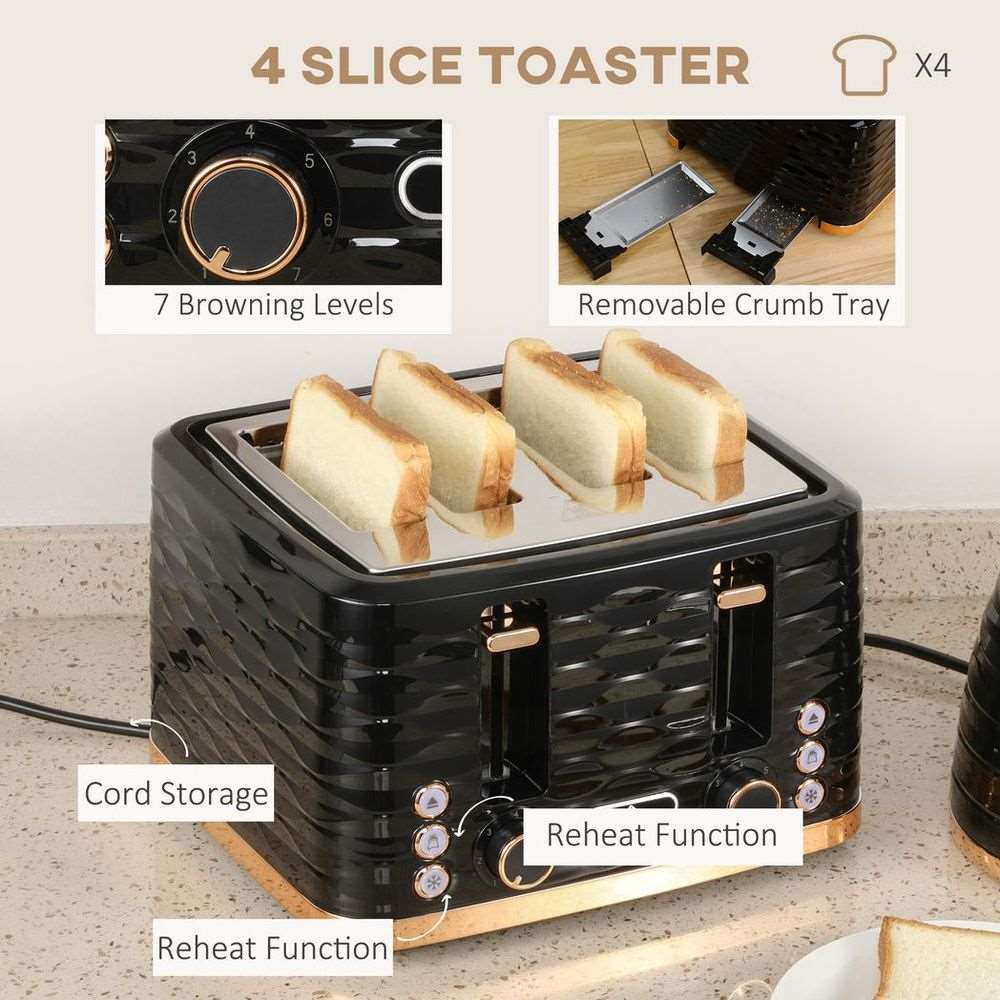 Homcom Kettle and Toaster Set 1.7L Rapid Boil Kettle & 4 Slice Toaster Black