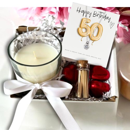 Small 50th Birthday Gold Balloons Gift Hamper - Cubic Zirconia Charm Necklace, Chocolates & Candle