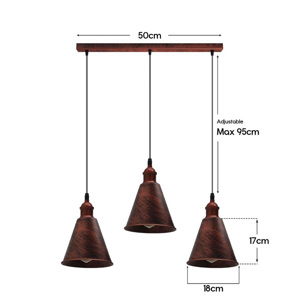 Rustic Red 3 Head Pendant Light | Metal Brushed | E27 Base | Vintage Retro Style | Long Cone Shade | High Quality