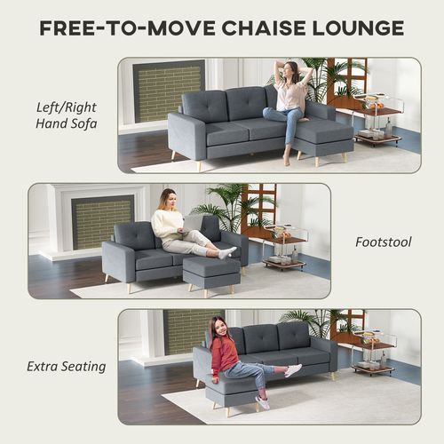 HOMCOM 3-Seater L-Shaped Linen Sofa w/ Sponge Seat Back Cushions, Dark Grey