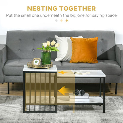 HOMCOM Modern Coffee Table Set of Two, Marble-Effect Nesting Side Tables with Steel Frame for Living Room, White and Black