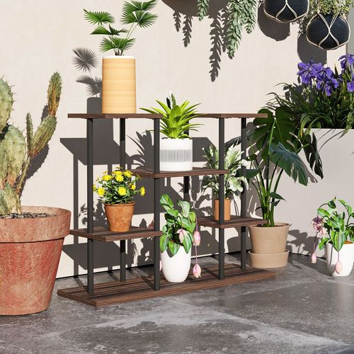 Outsunny 4 Tiered Metal Flower Shelf Display Rack, Carbonised Finish