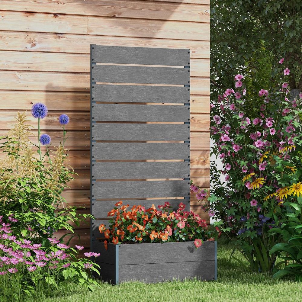 Outsunny Raised Garden Bed w/ Trellis, Drainage Hole - Grey. Durable, Spacious, Easy Assembly.