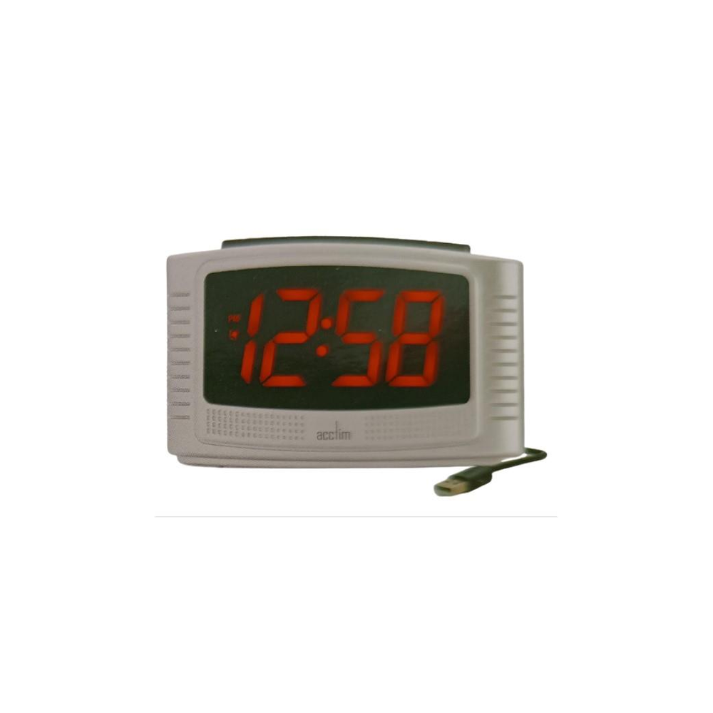 Acctim Vina USB Digital White Alarm Clock 16407 - Compact Size, Red LED Display, USB Powered, Battery Back-Up