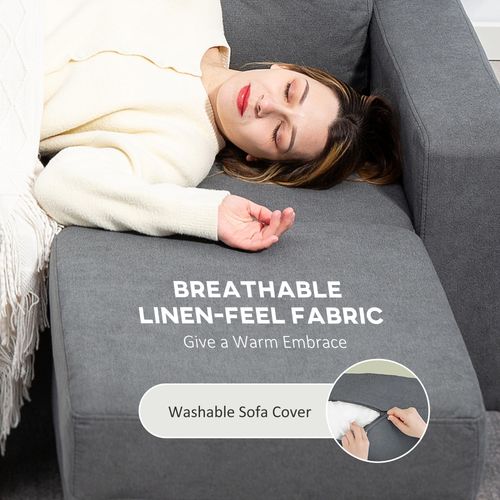 HOMCOM 3-Seater L-Shaped Linen Sofa w/ Sponge Seat Back Cushions, Dark Grey