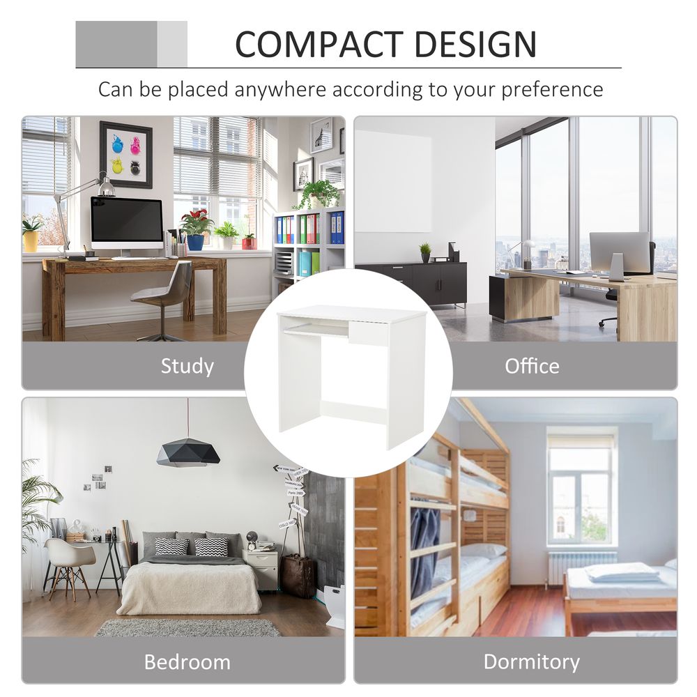 Space-Saving White Computer Table w/ Keyboard Tray - High-Quality & Versatile - Perfect for Study, Office or Bedroom