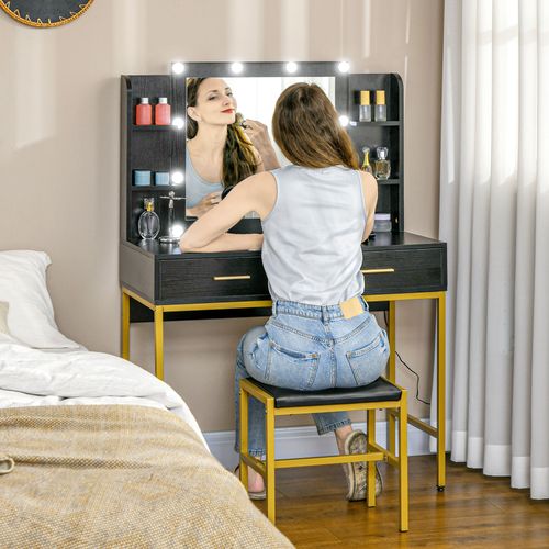 HOMCOM Makeup Vanity Desk Set with Lighted Mirror, Stool, Drawers