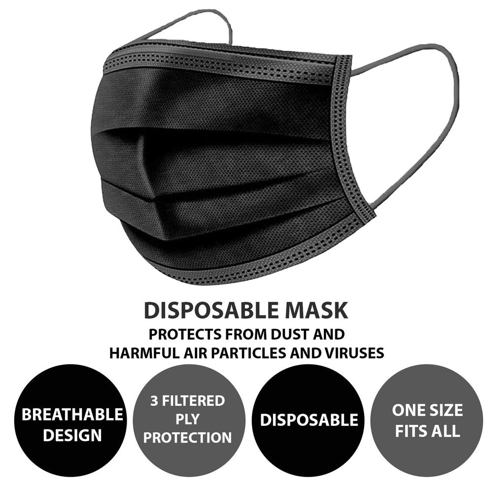 25Pk Disposable Face Masks BLACK | High Filtration, Water Resistant | PMS-755017 | AS-05237