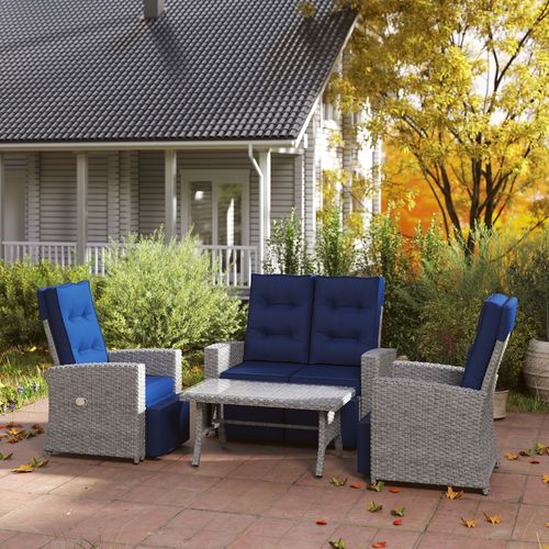 Outsunny 4 Piece Rattan Garden Furniture Set with Sofa, Glass Table, Blue