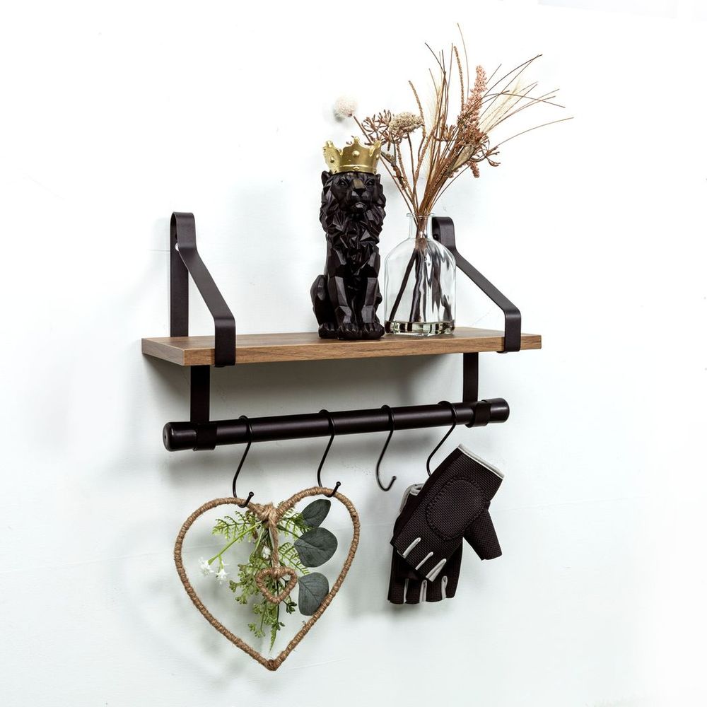 Dark Oak Wall Shelf with Black Rail - PARGI: Professional-Quality, 1 Tier, 15mm MDF+Iron, Black+Oak