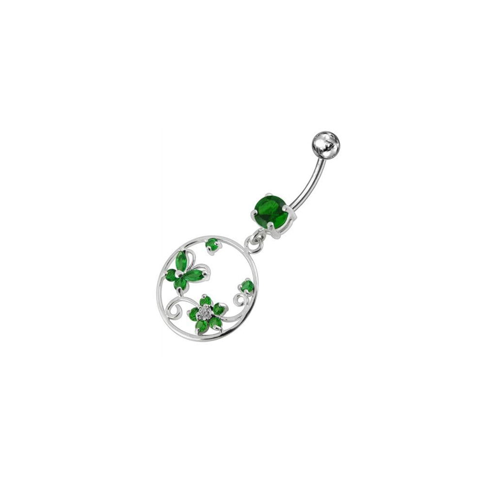 Jeweled Fancy Silver Dangling SS Curved Bar Belly Ring