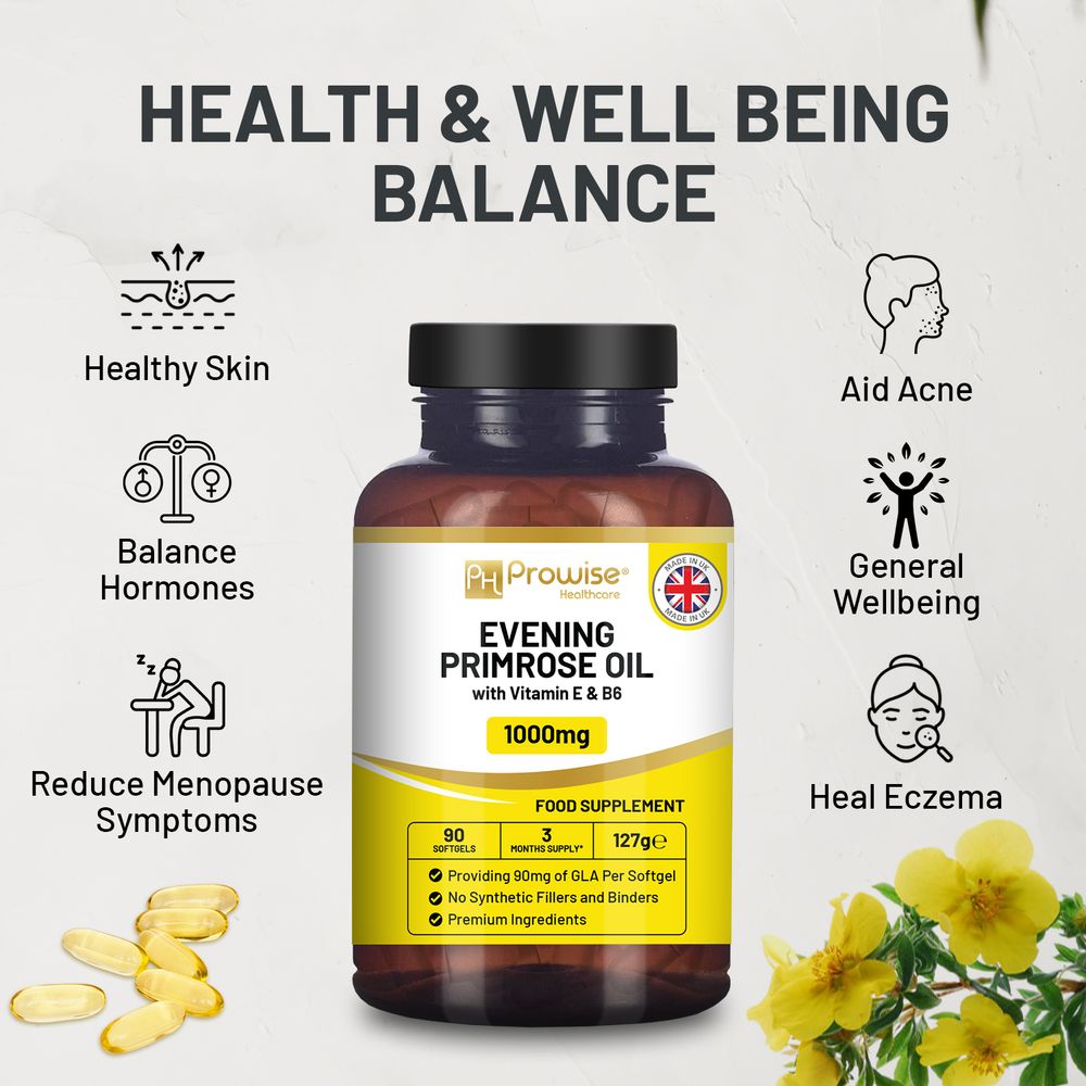 Vegan Evening Primrose Oil 2000mg with Vitamin E & B6 – 60 Vegan Softgels| Pure Cold Pressed I 180mg GLA per Capsule I Women's Health I Premium Quality I by Prowise Healthcare