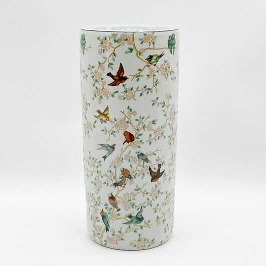 18" Birds & Floral Umbrella Stand - Multi-functional Vase - Antique Feel - Glazed