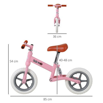 HOMCOM 12" Kids Balance Bike No Pedal Bicycle EVA Tire Adjustable Seat Toddler Training Bike W/Shock Absorber 2-5 Years Gift for Boys Girls Pink