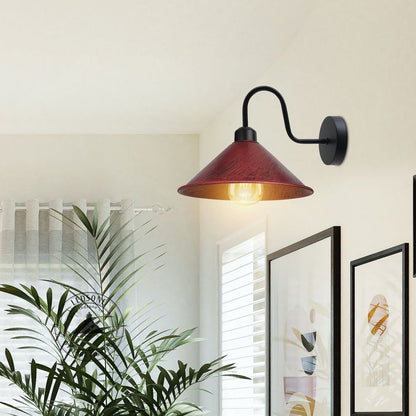 Rustic Red Wall Light Fixture,Black Wall Sconce E27 Base Socket Screw Type Wall Mounted Swan Neck Cone Shape Shade