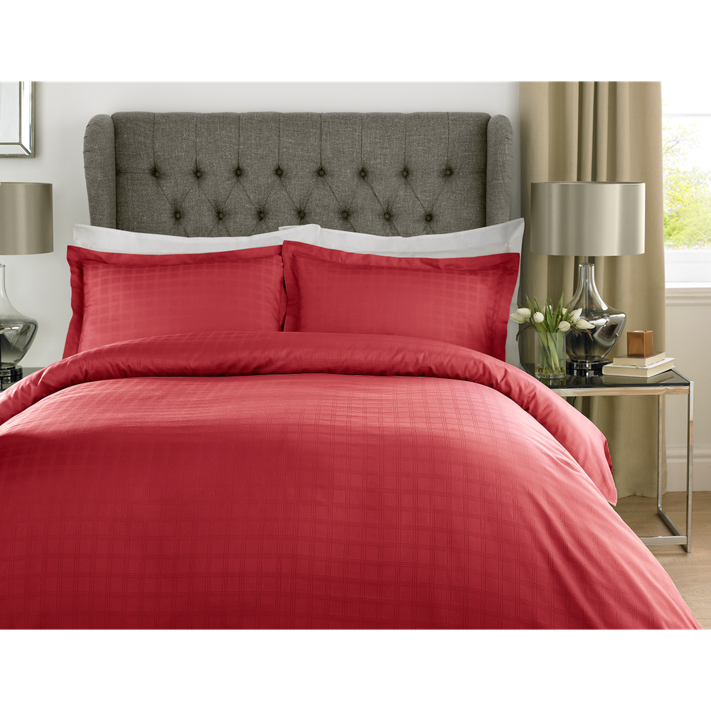 400TC - 100% Cotton Satin Stripe Check Duvet Set Red