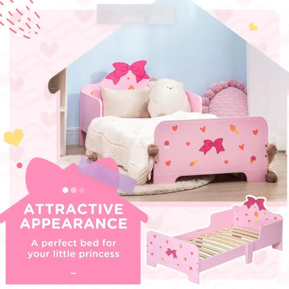 Princess Themed Kids Toddler Bed w/ Cute Patterns, Safety Rails - Pink