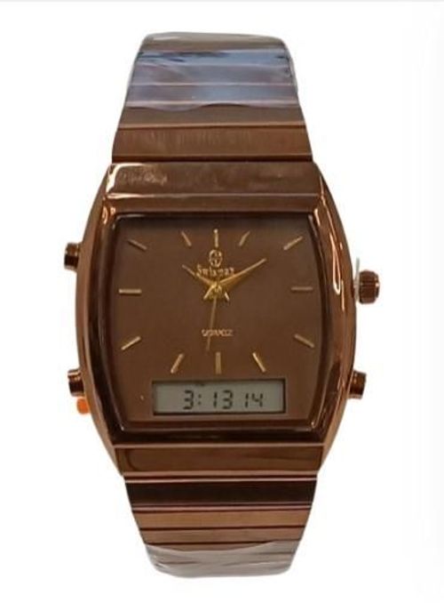 Swismax Ladies Duel Time Water Resistant Brown Dial Brown Metal Strap Watch