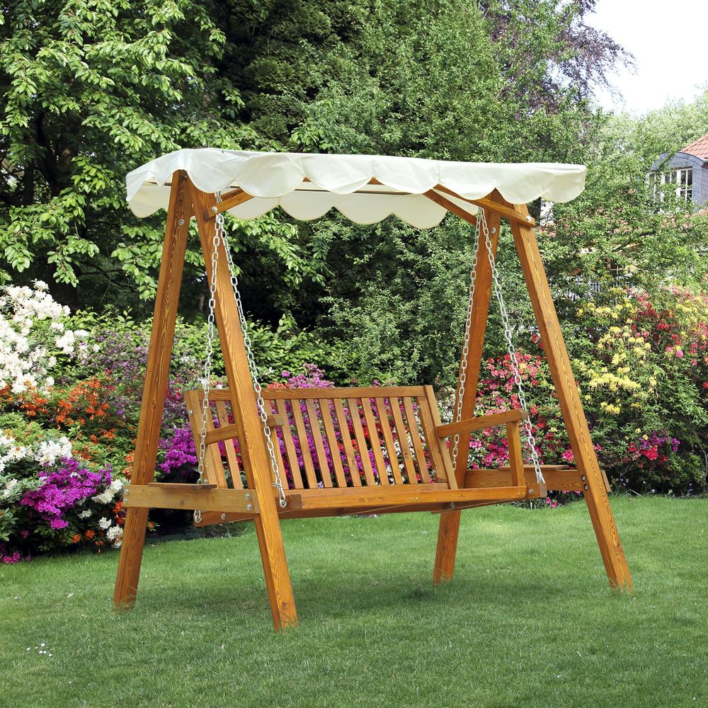 Outsunny 2 Seater Garden Swing Seat Wooden Swing Chair Outdoor Hammock Bench Furniture, Cream White