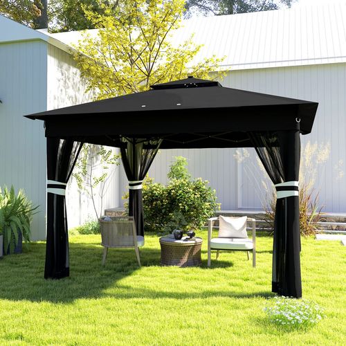 Outsunny 3x3(m) Pop Up Gazebo w/ Solar-Powered LED Lights Netting Black