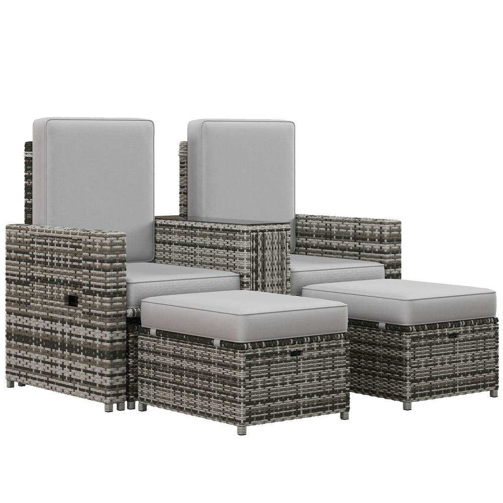 Outsunny Recliner Rattan Sun Lounger Set - Grey: Reclining Chairs, Storage, Tea Table & Footstools!