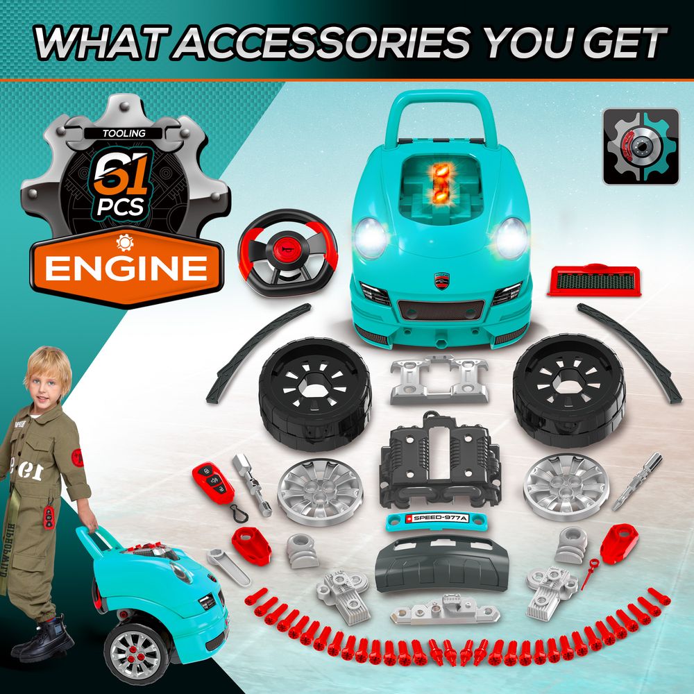 HOMCOM Kids Truck Engine Toy Set Toddler Educational Car Service Station w/RC Car Key Steering Wheel Horn Light, Mechanic Gifts for Ages 3-5 Years - Teal
