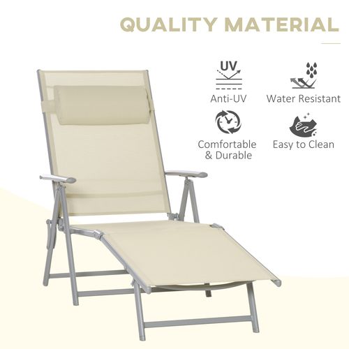 Sun Lounger Folding Chaise Chair Recliner & 7 Adjustable Backrest - Beige