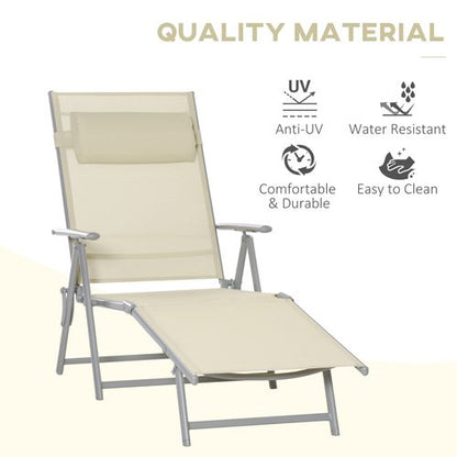 Sun Lounger Folding Chaise Chair Recliner & 7 Adjustable Backrest - Beige