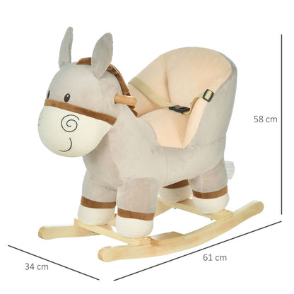 HOMCOM Kids Children Rocking Horse Plush Ride On Donkey Seat w/Sound Wood Base Seat Safety Belt Toddler Baby Toy Rocker Grey 18-36 Months