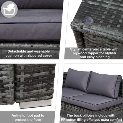 4pcs Rattan Sofa Storage & Table & 2 Drawers Cushions Corner Trunk Coffee Grey