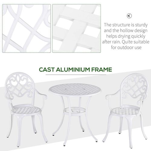 Outsunny 3PCs Garden Bistro Set Cast Aluminium Round Table with 2 Chairs White