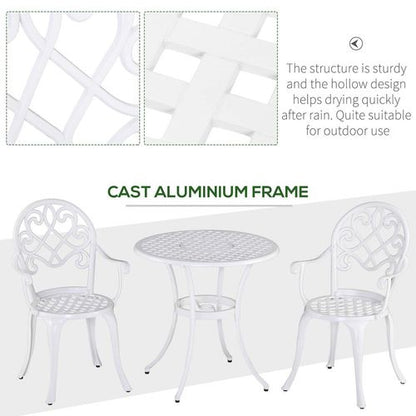 Outsunny 3PCs Garden Bistro Set Cast Aluminium Round Table with 2 Chairs White