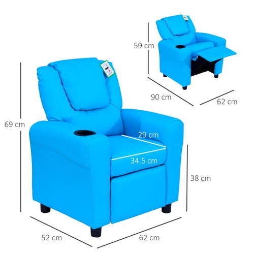 HOMCOM Kids Recliner, PU Leather Kids Armchair, Kids Chair, Toddler Armchair with Adjustable Backrest, Footrest, Padded Headrest, Cup Holder, Blue